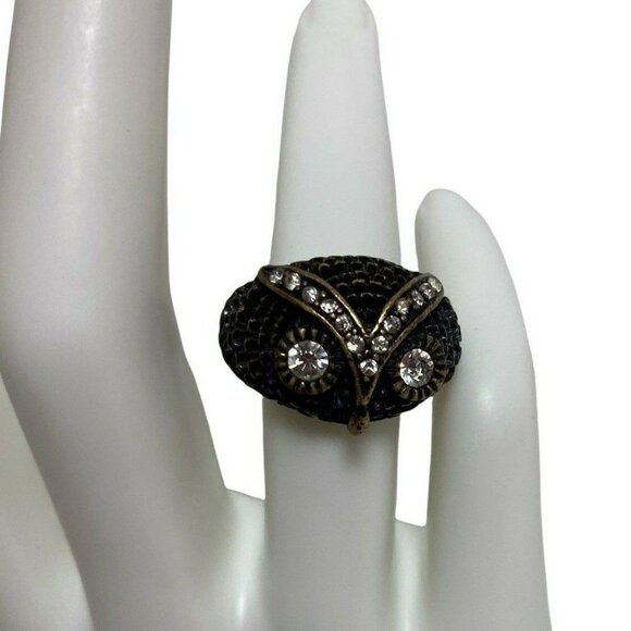 Lucky You Owl Ring Size 7 Brass Tone Rhinestones Sparkly Wise - Picture 1 of 8